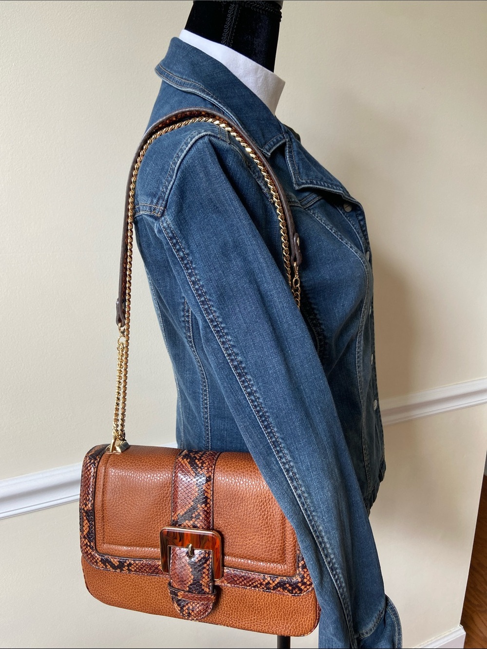 Brahmin Cognac Leather Crossbody with Snakeskin Trim & Gold Chain